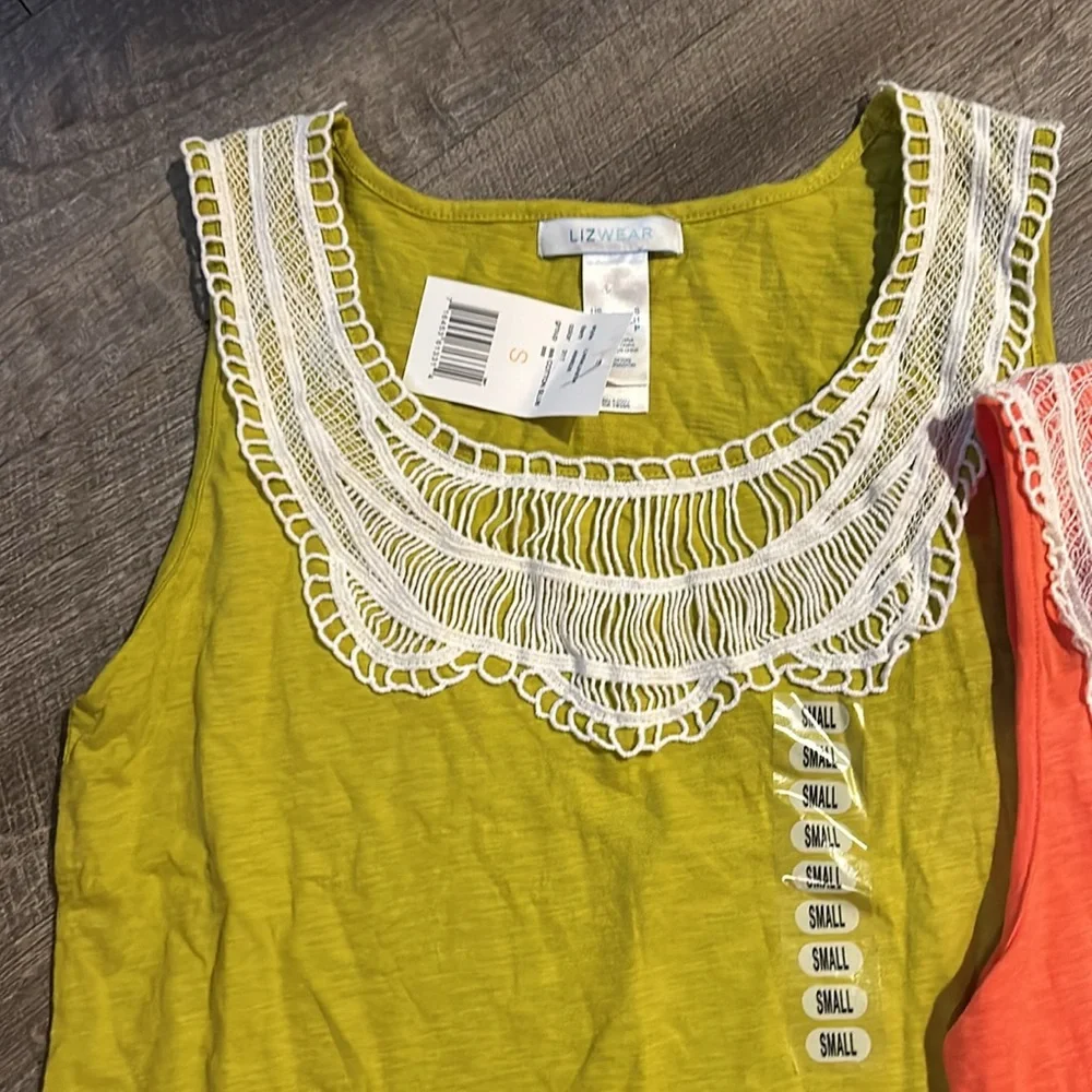 2 NWT Lizwear Lace Neck Tank Tops Green‎ and Orange Size Small - Picture 2 of 5
